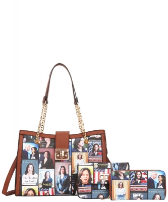 Kamala Harris 3in1 Chain Tote Crossbody Wallet Set HA-8691S BROWN